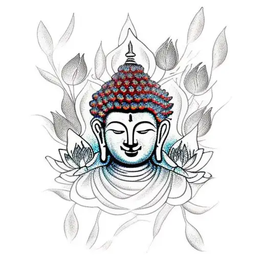 A beautiful brown-skinned Buddha surrounded by a garden of red lotus flowers tattoo design idea