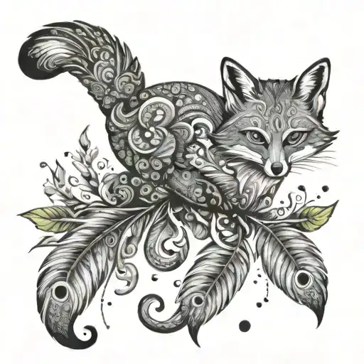 fox and peacock feather intertwined tattoo design idea