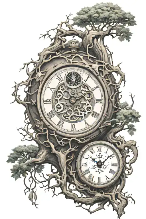 Yggdrasil with an old clock with half the face missing showing the inside workings of the clock  tattoo design idea