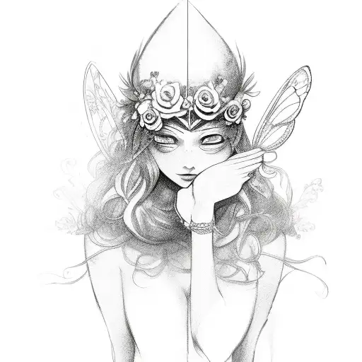 Blindfolded Themis; halfbody; butterflies, sword in arm; flowers in hair tattoo design idea