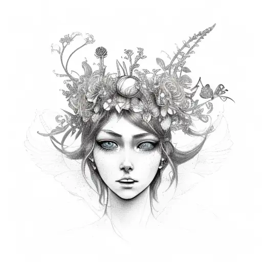Themis, flowers in hair, sword, butterflies tattoo design idea