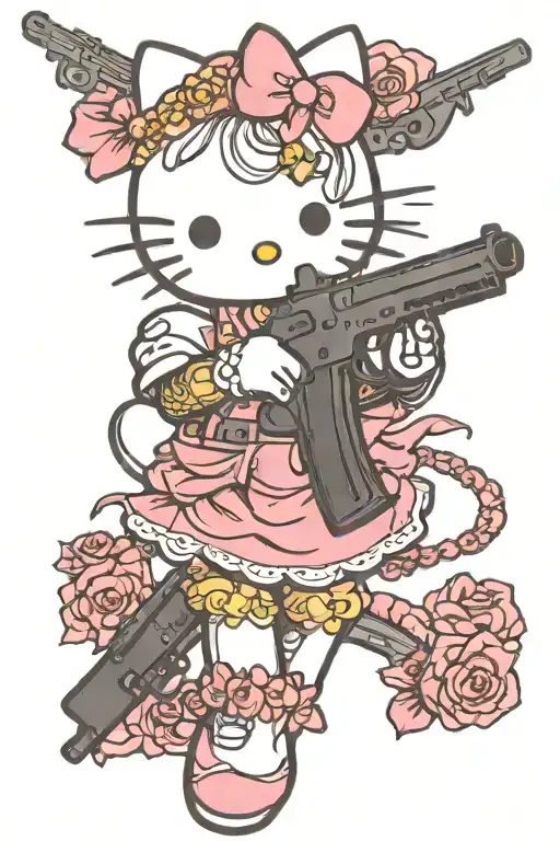 Hello Kitty with pink bow holding gun tattoo design idea