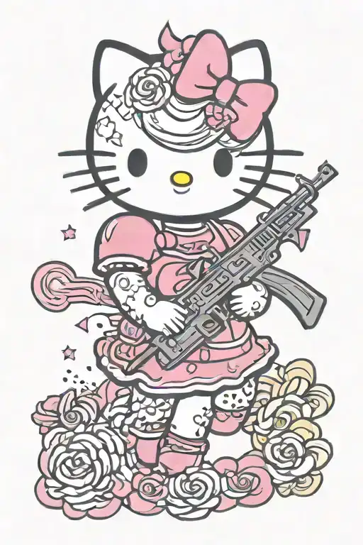 Color tattoo of hello kitty with a pink bow and a weapon in her hands tattoo design idea