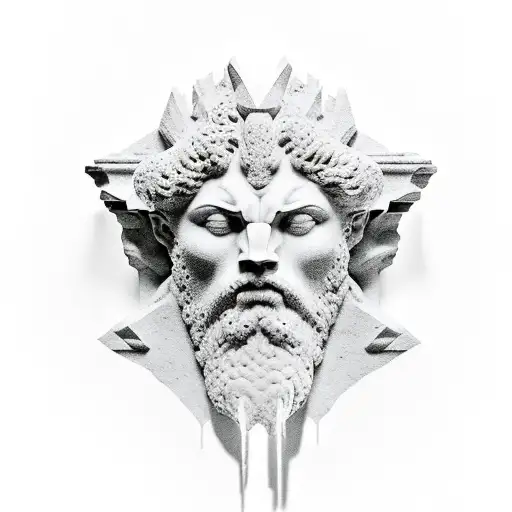 crystal eroded ares head greek god, Daniel Arsham style tattoo design idea