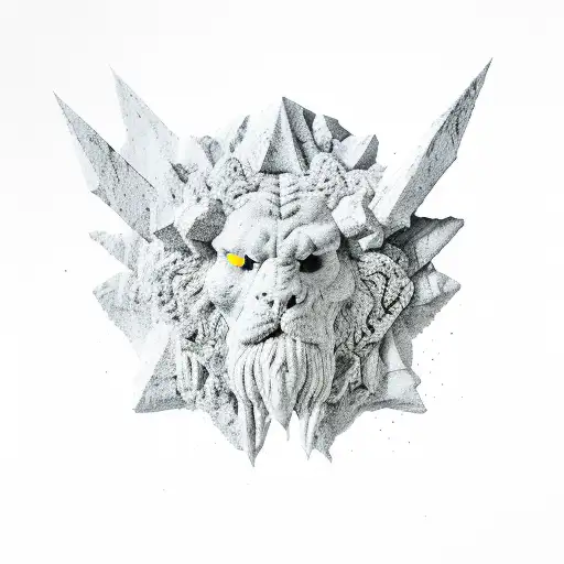 crystal eroded ares head, Daniel Arsham style tattoo design idea