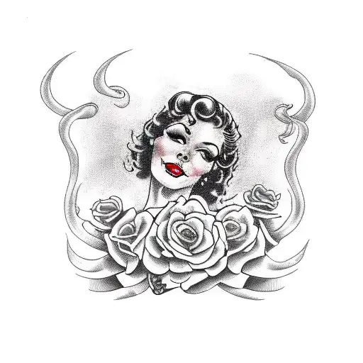 woman with curly hair in style of bdsm tattoo design idea