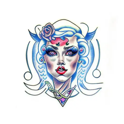 woman curly hair blue eyes bdsm tattoo design idea