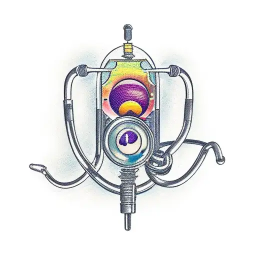 A stethoscope forming a heartbeat waveform surrounded by planets tattoo design idea