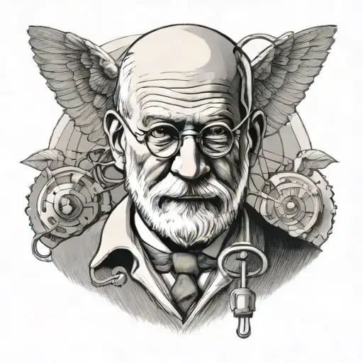 A surreal portrait of Sigmund Freud with a stethoscope, blending the worlds of medicine and psychology tattoo design idea