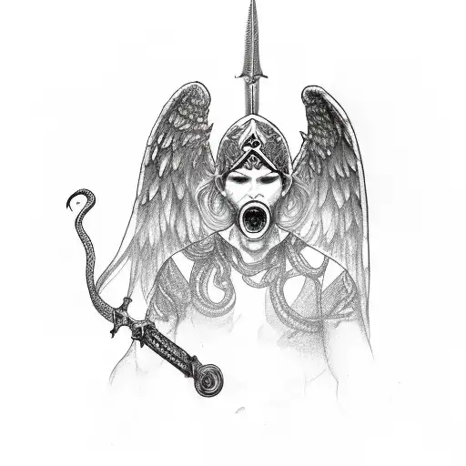 arch angel with sword through snakes mouth tattoo design idea