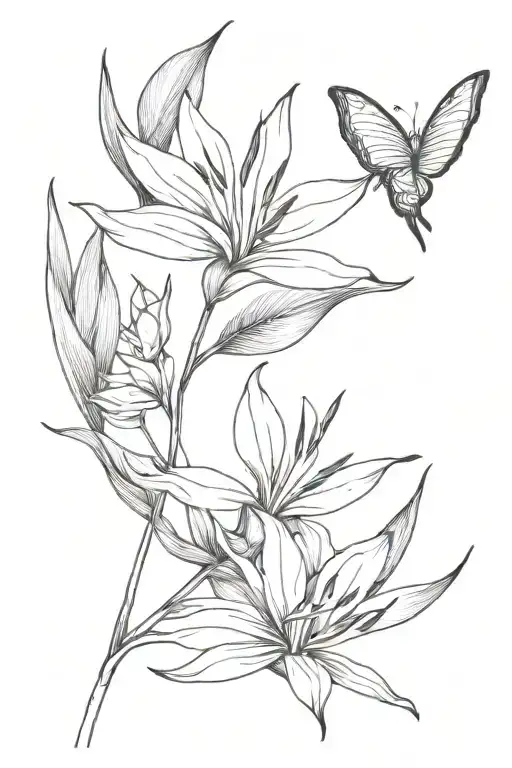 bird of paradise flower with butterfly tattoo design idea