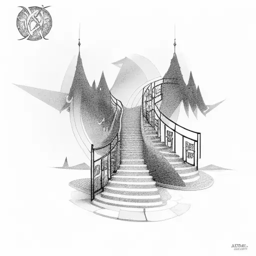spining up stairs with gate at the end tattoo design idea