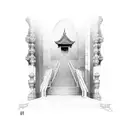 spining up stairs to temple tattoo design idea