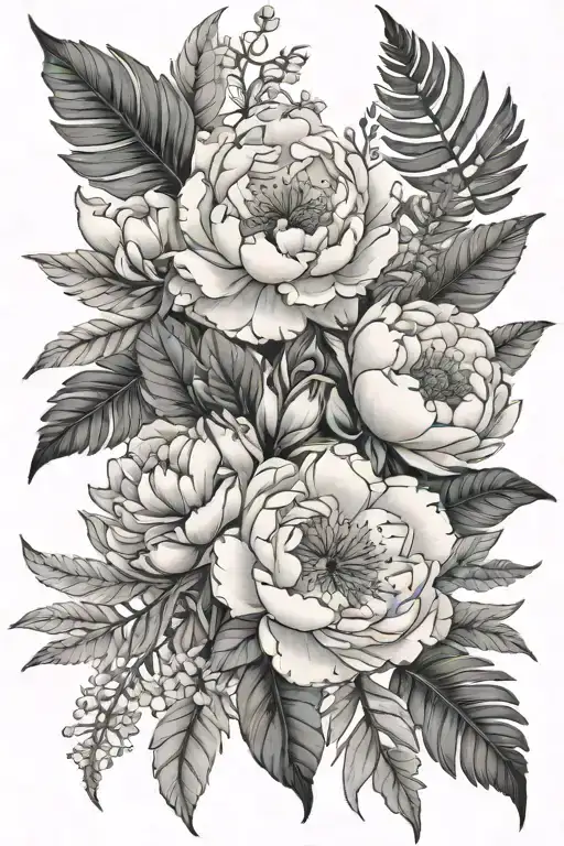 peonies, lily flower, ferns, pothos leaves, other small flowers tattoo design idea