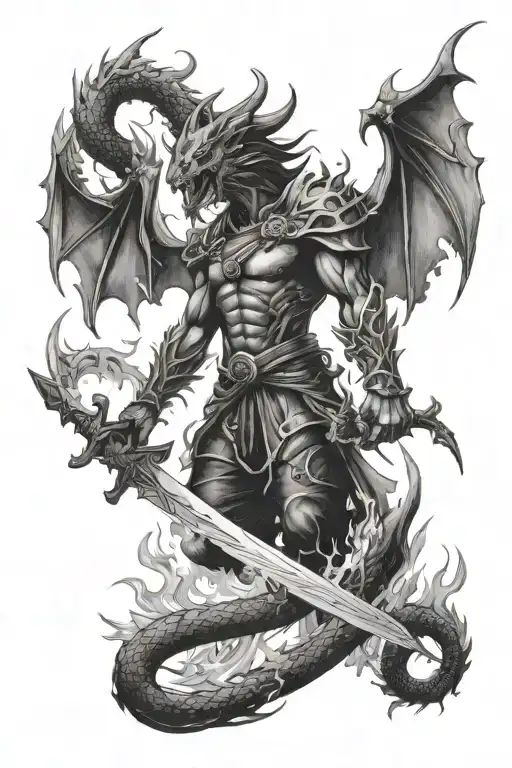 A dark and mysterious figure with a hidden blade, surrounded by flames and dragons tattoo design idea