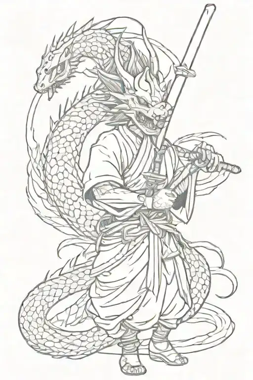 A combination of a traditional Japanese anime character holding a wooden sword, with a dragon coiling around them in a protective manner tattoo design idea