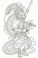 A combination of a traditional Japanese anime character holding a wooden sword, with a dragon coiling around them in a protective manner tattoo design idea