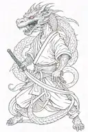 A combination of a traditional Japanese anime character holding a wooden sword, with a dragon coiling around them in a protective manner tattoo design idea