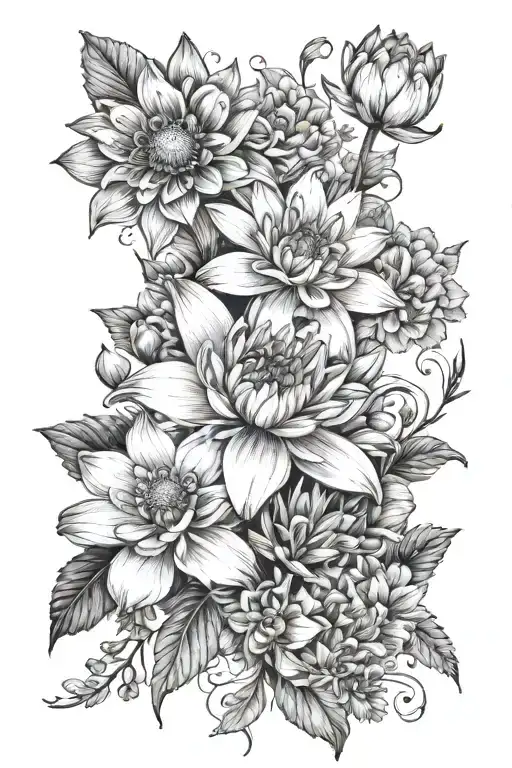 birth flowers, water lily, honeysuckle, cosmos, chrysanthemum, poppy, narcissus, and daffodil  for a sleeve I'm a girl tattoo design idea