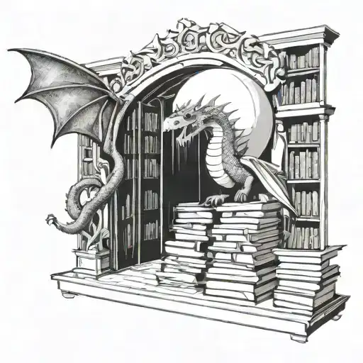 A magical library filled with floating books, dragons guarding the entrance, and a football hidden among the shelves, reflecting the client's love for books, dragons, and football tattoo design idea