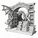 A magical library filled with floating books, dragons guarding the entrance, and a football hidden among the shelves, reflecting the client's love for books, dragons, and football tattoo design idea