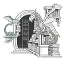 A magical library filled with floating books, dragons guarding the entrance, and a football hidden among the shelves, reflecting the client's love for books, dragons, and football tattoo design idea