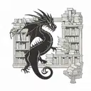 A magical library filled with floating books, dragons guarding the entrance, and a football hidden among the shelves, reflecting the client's love for books, dragons, and football tattoo design idea