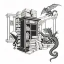 A magical library filled with floating books, dragons guarding the entrance, and a football hidden among the shelves, reflecting the client's love for books, dragons, and football tattoo design idea