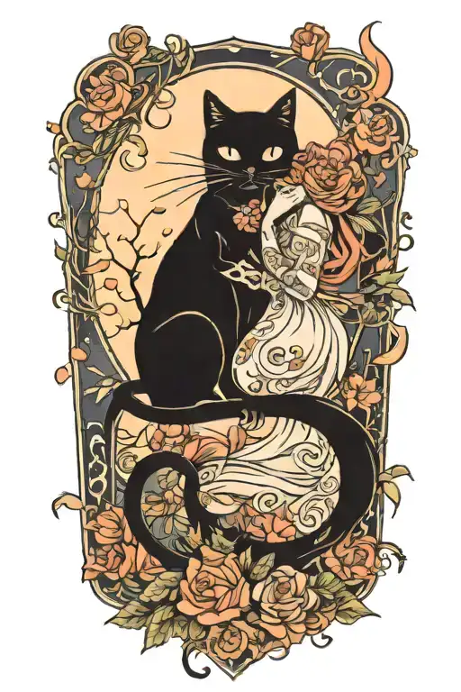Black cat and witch in love under a full moon tattoo design idea
