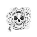 Three snakes around a man's head, one has an open mouth, the second has poison on his tooth, and the third has a closed  tattoo design idea