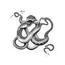 Three snakes around a man's head, one has an open mouth, the second has poison on his tooth, and the third has a closed  tattoo design idea