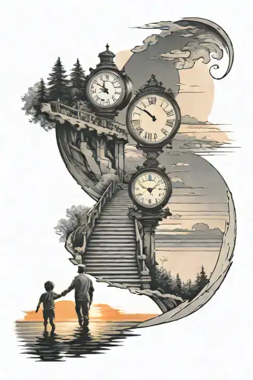 father with two kids, walking towards a upwards ascending staircase with a clock at the end, sunset over lake in back tattoo design idea