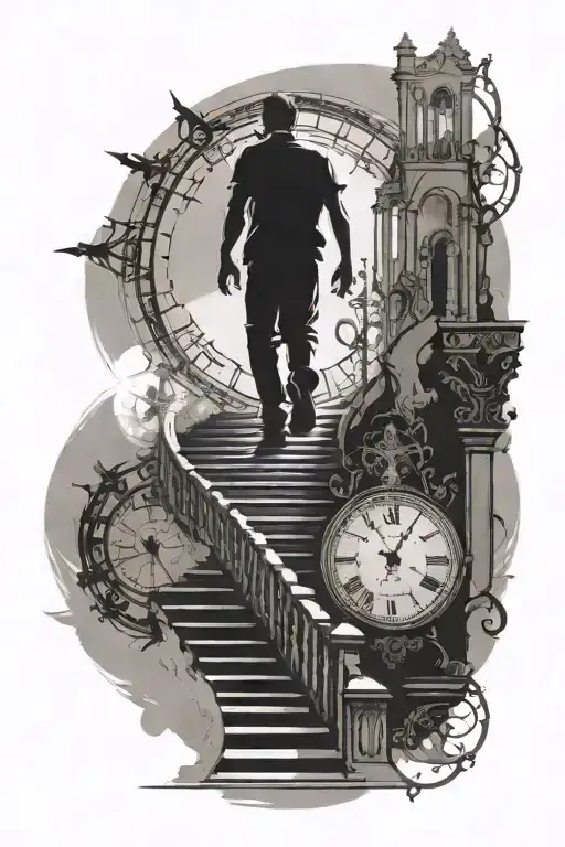 silhouette of man walking towards ascending staircase leading towards two clocks surrounded by sunshine tattoo design idea