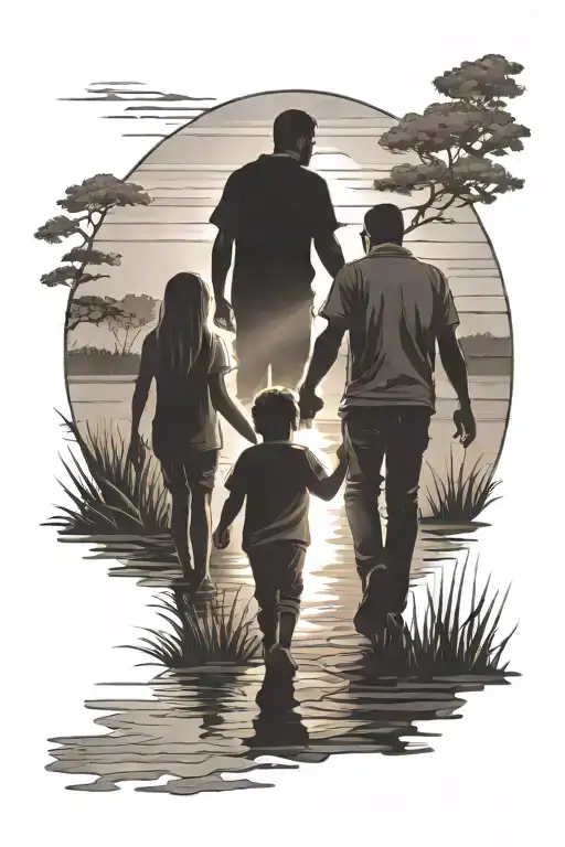 father with one son and one daughter holding hands, walking towards sunset over lake tattoo design idea