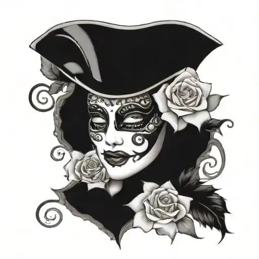 Phantom of opera mask with roses and the lyric written "anywhere you go, let me go too" above and underneath the design tattoo design idea