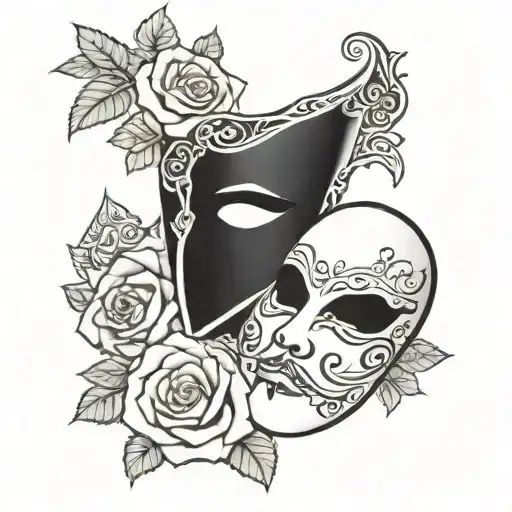 Phantom of opera mask with roses and the lyric written "anywhere you go, let me go too" above and underneath the design tattoo design idea
