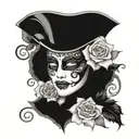 Phantom of opera mask with roses and the lyric written "anywhere you go, let me go too" above and underneath the design tattoo design idea