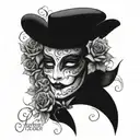 Phantom of opera mask with roses and the lyric written "anywhere you go, let me go too" above and underneath the design tattoo design idea