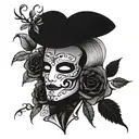 Phantom of opera mask with roses and the lyric written "anywhere you go, let me go too" above and underneath the design tattoo design idea