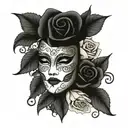 Phantom of opera mask with roses and the lyric written "anywhere you go, let me go too" above and underneath the design tattoo design idea