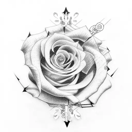 cross and rose with thorns and small clock  forearm sleeve tattoo design idea