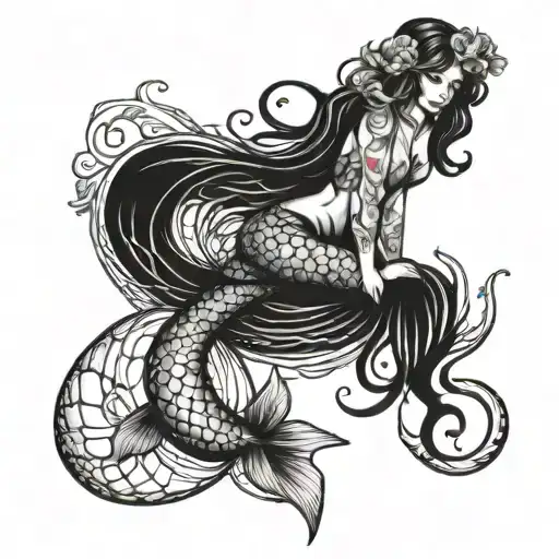 mermaid in b&w with big anchor tattoo design idea
