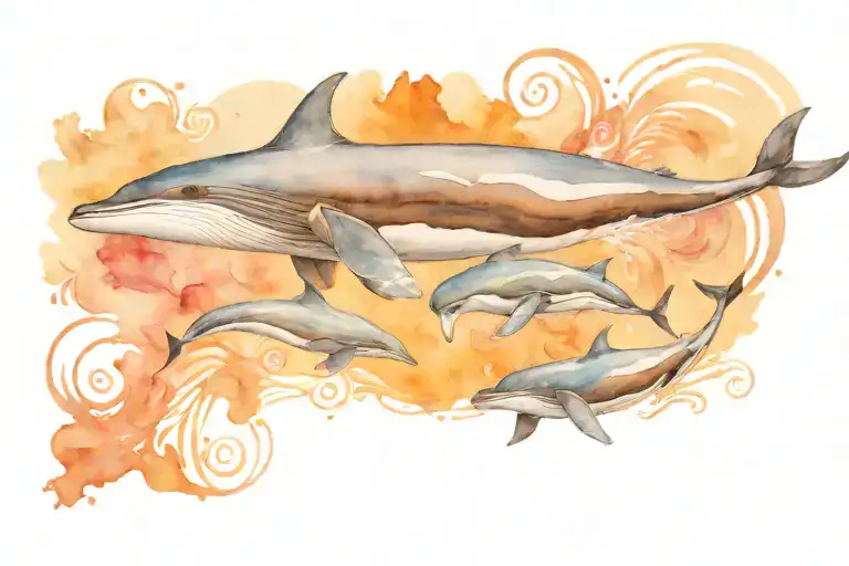 humpback whale and spinner dolphins swimming together tattoo design idea