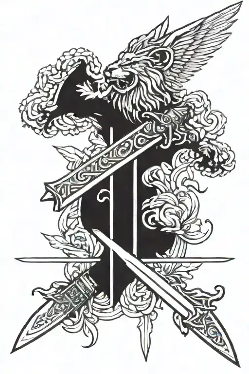 thorm sword whit wings and lions head tattoo design idea