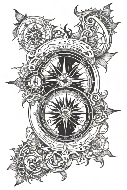 clock Compass combined Sun moon surrounded tattoo design idea