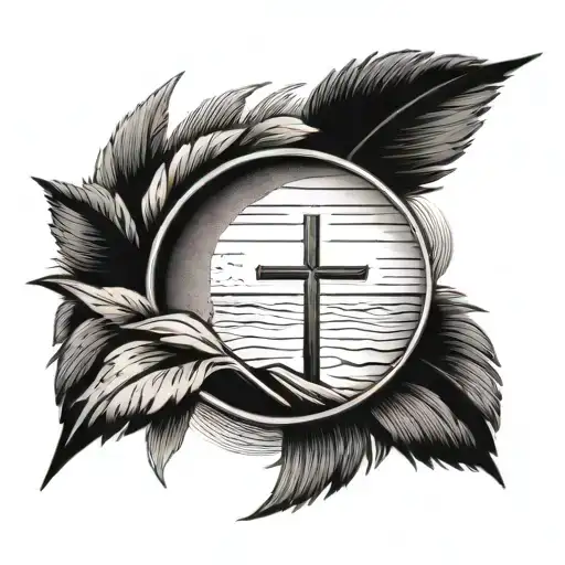 CERCLE AVEC UNE PLAGE DE SABLE AVEC UNE CROIX CHRETIENNE. AU DESSUS DE CE CERCLE IL YA DES AILES D'ANGE tattoo design idea