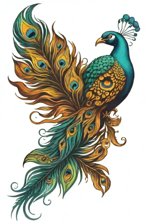 peacock feather colliding with a phoenix  tattoo design idea