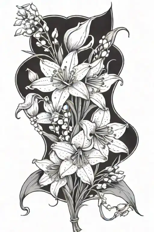  a bouquet of  the flower daffodil and flower Lily of the valley. names Celine & Colin and tattoo design idea