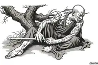 Chinese monk sitting cross legged with a plain wooden staff laying across his thighs. Sat in front of the tree of life tattoo design idea