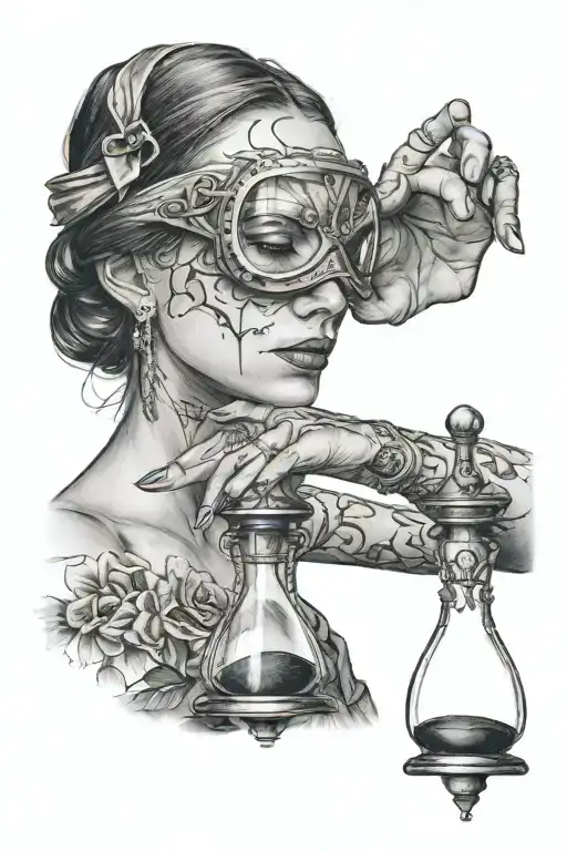 woman blindfolded only on her face, with a hand holding an hourglass and a hand telling her to stay silent tattoo design idea
